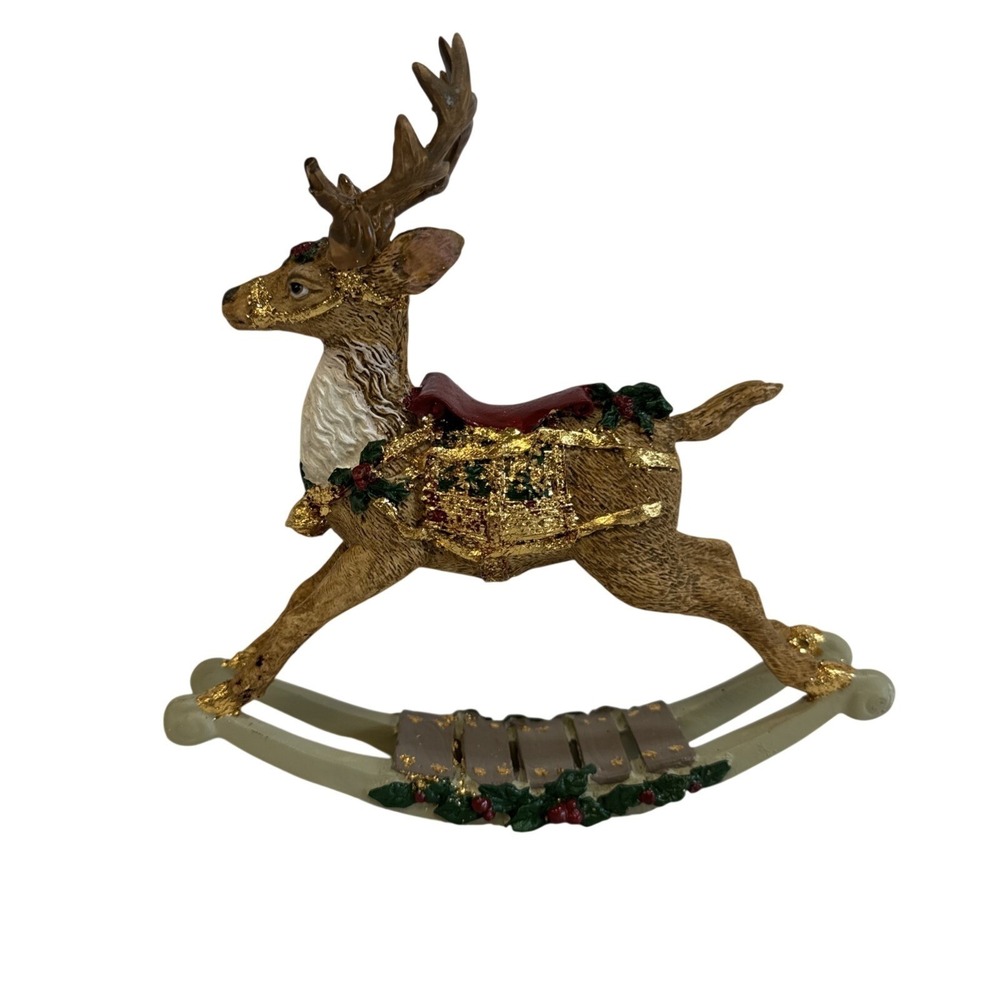 Vtg Christmas Rocking Reindeer Figurine Gold Glitter Holly Saddle Decor 7.5in